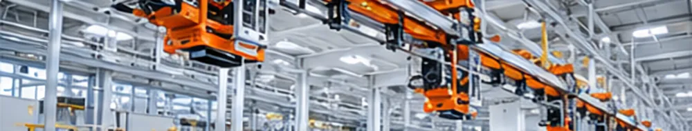 EMS electrified monorail carriers running on an overhead rail in a factory
